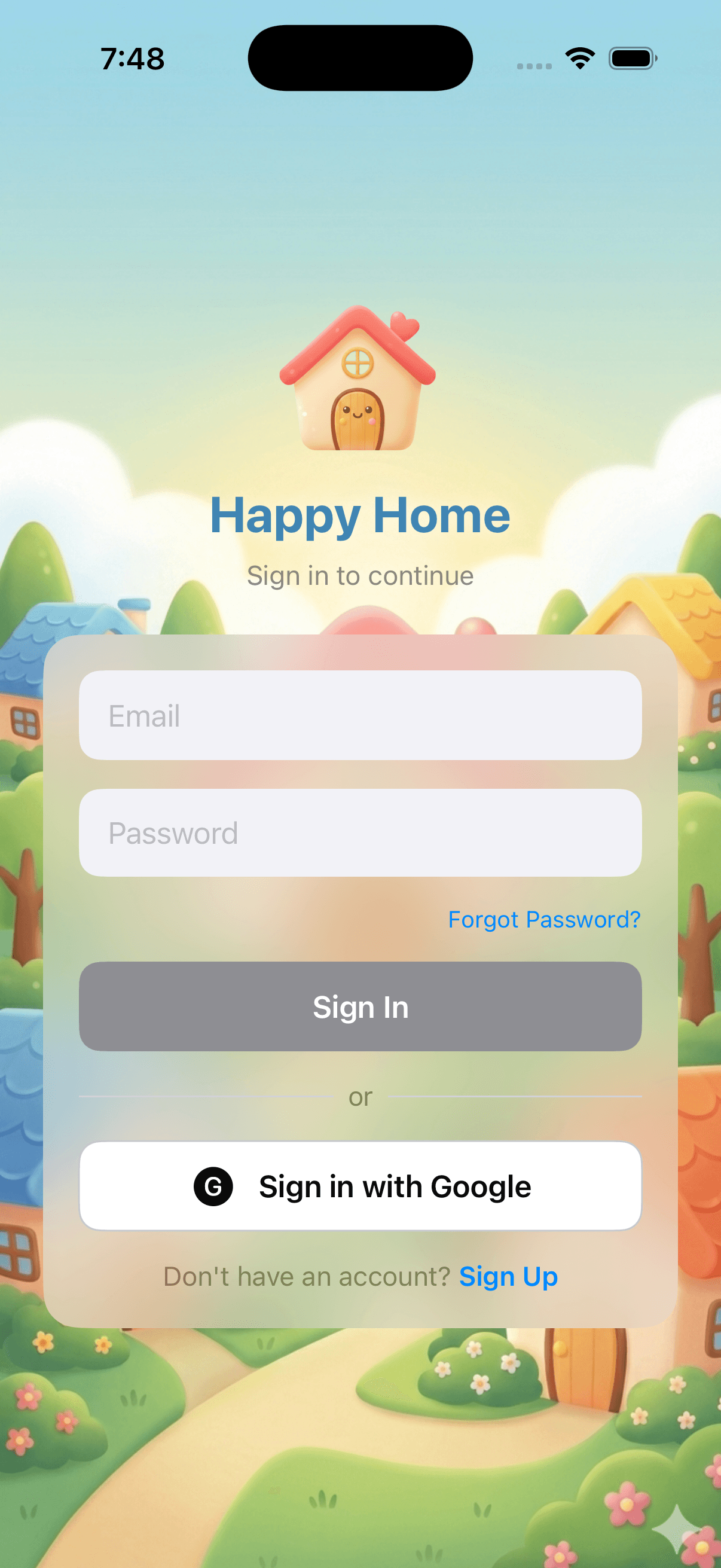 Happy Home app splash screen showing the app interface
