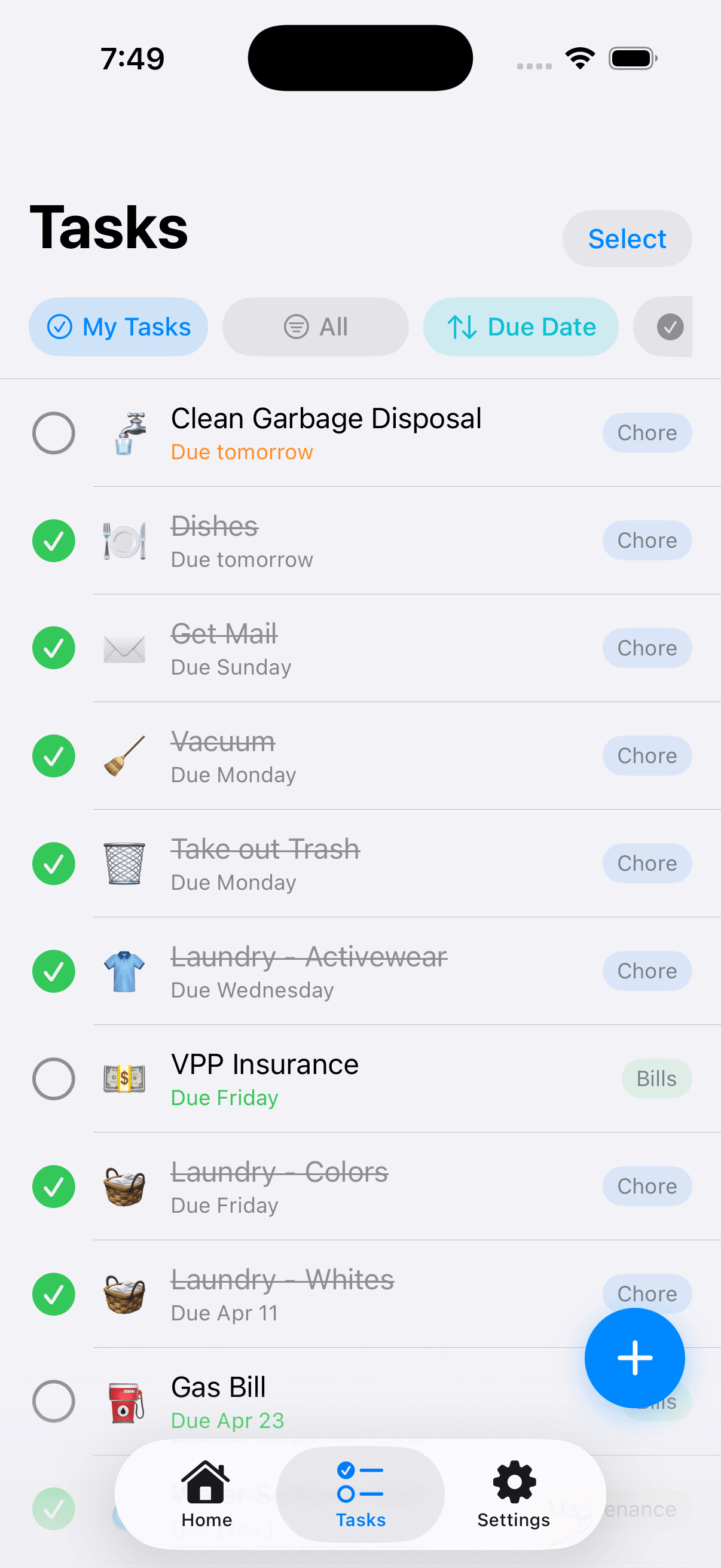Happy Home app tasks view showing household chores with due dates and categories